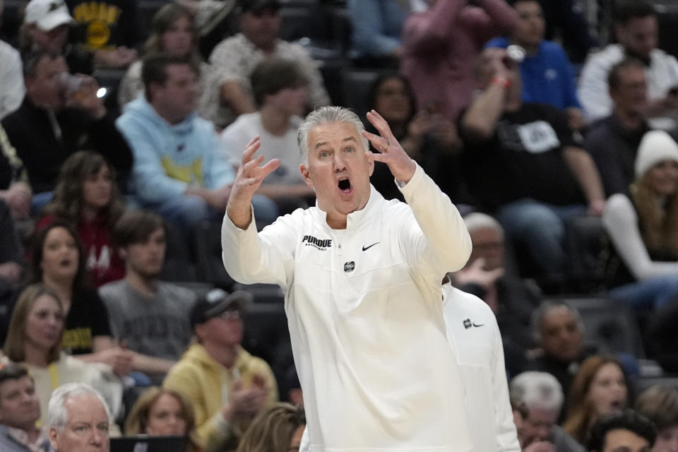 Purdue head coach Matt Painter yells during the second half of a Sweet 16 college basketball game against Gonzaga in the NCAA Tournament, Friday, March 29, 2024, in Detroit. (AP Photo/Paul Sancya)