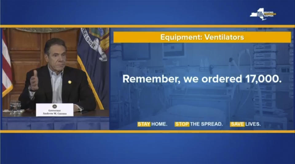 This video frame grab provided by Office of the Governor, shows New York Gov. Andrew Cuomo during a news conference in Albany, NY, Saturday, April 4, 2020. (Office of the Governor via AP)