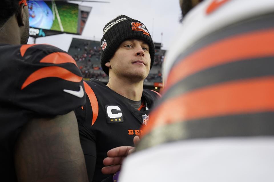 Cincinnati Bengals quarterback Joe Burrow greets the Cleveland Browns following an NFL football game, Sunday, Dec. 11, 2022, in Cincinnati. (AP Photo/Jeff Dean)