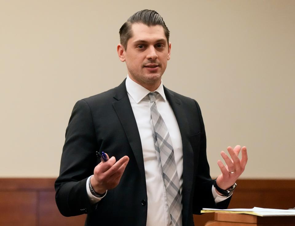 Franklin County Assistant Prosecutor Daniel Meyer, who is with the the special victims unit, speaks Monday to jury candidates in Franklin County Common Pleas Court in the trial of Amir Riep and Jahsen L. Wint, both 24, who were defensive players for the Ohio State University football team when they were accused of raping a 19-year-old woman in February 2020.