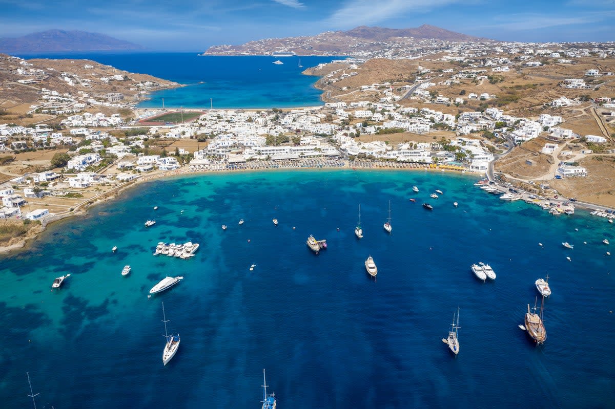 An aerial view of Ornos Bay (Getty Images/iStockphoto)