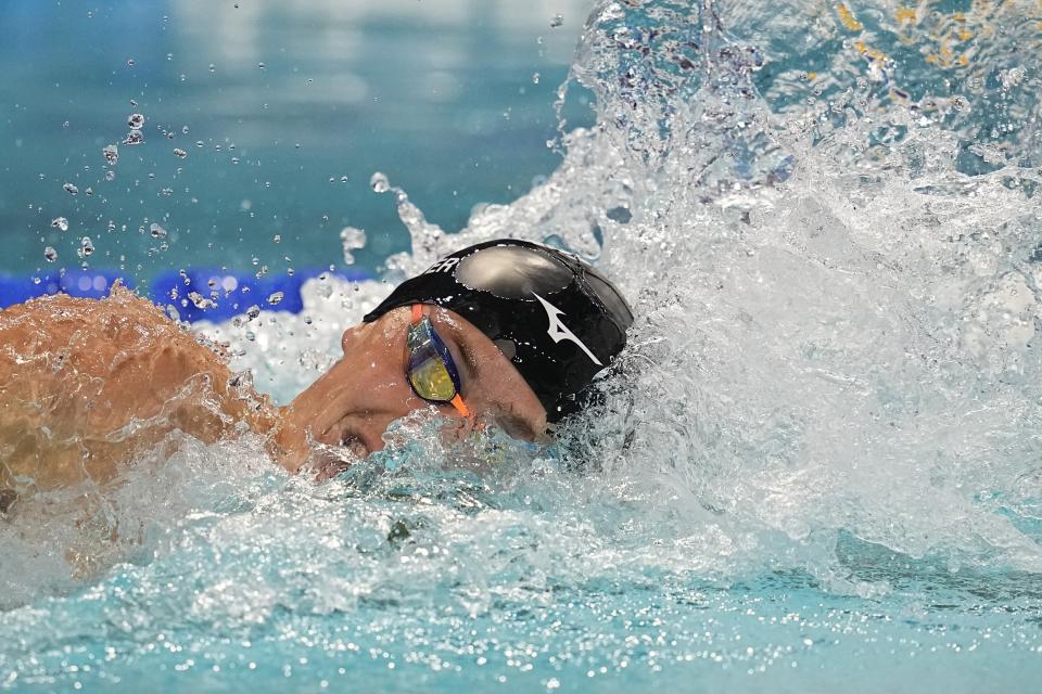 Carson Foster swims on his way to winning the 200-meter individual medley at the U.S. national championships swimming meet, Saturday, July 1, 2023, in Indianapolis. (AP Photo/Darron Cummings)