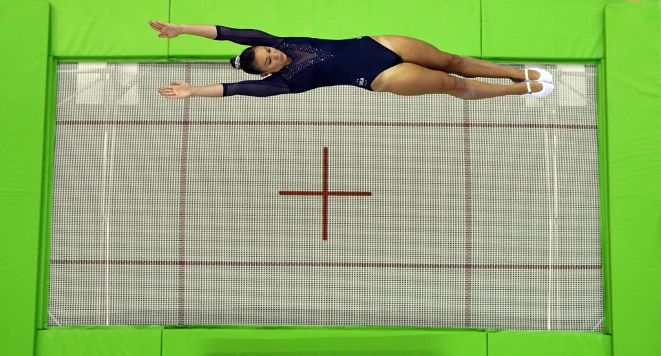 Charlotte Drury of the USA competes during the Trampoline Gymnastics Qualification at the Rio Olympic Arena on April 19, 2016 in Rio de Janeiro, Brazil.