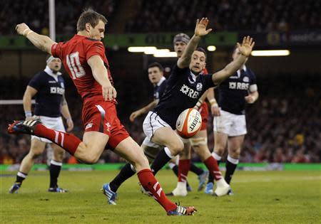 Wales' Dan Biggar (L) clears the ball as Scotland's Greig Laidlaw attempts to block during their Six Nations Championship rugby union match at the Millennium Stadium in Cardiff, Wales, March 15, 2014. REUTERS/Rebecca Naden