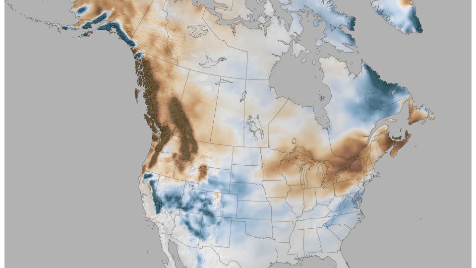 Snowfall during all El Niño winters (January-March) compared to the 1991-2020 average (after the long-term trend has been removed). Blues indicate more snow than average; browns indicate less snow than average. - NOAA Climate.gov