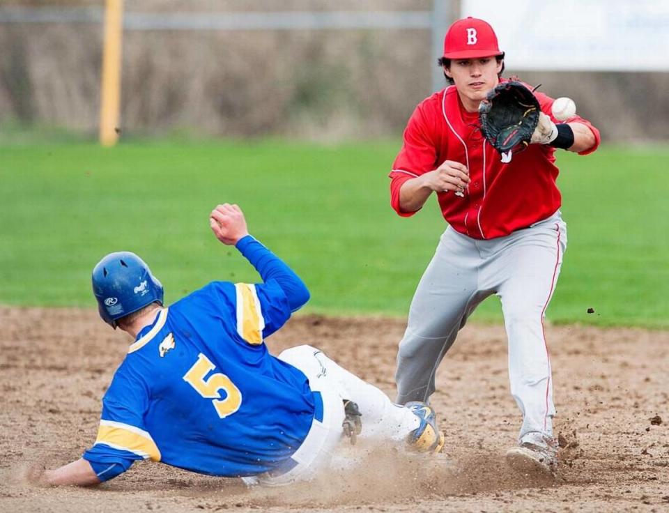 Bellingham shortstop Austin Shenton, right, fields a throw as Ferndale’s Kyler Brudwick (5) slides into second Monday, March, 30.