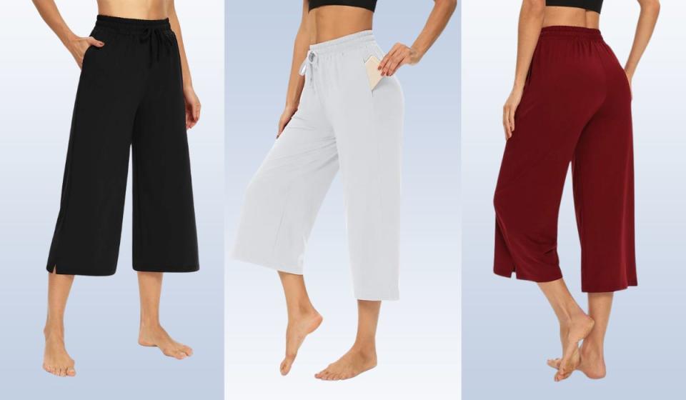 Women wearing black, white and brown capri pants.