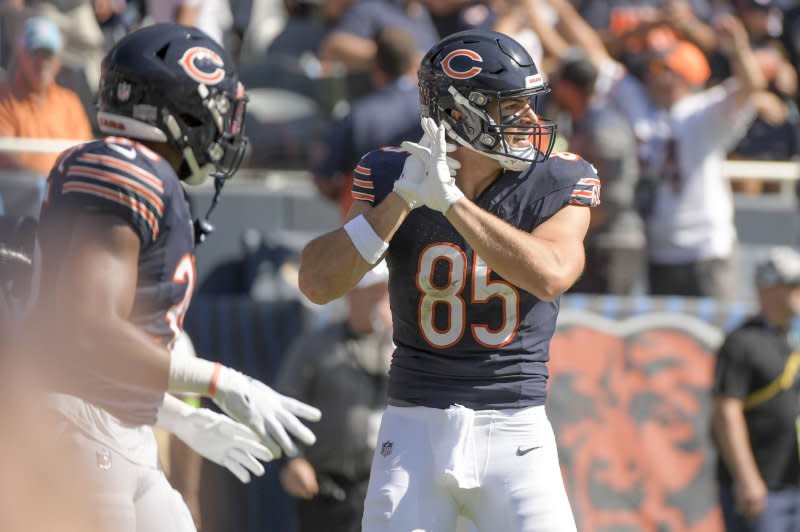 Chicago Bears tight end Cole Kmet (R) celebrates a touchdown against the Denver Broncos on Sunday at Soldier Field in Chicago. Photo by Mark Black/UPI