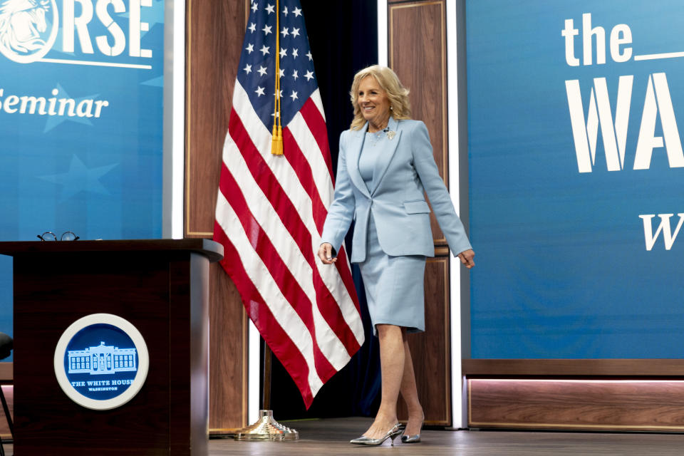 First lady Jill Biden arrives for a virtual writing seminar for gold star children and siblings hosted by The War Horse as part of her "Joining Forces" initiative, in the South Court Auditorium in the Eisenhower Executive Office Building on the White House Campus, Tuesday, May 9, 2023, in Washington. (AP Photo/Andrew Harnik)