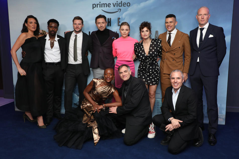 LONDON, ENGLAND - OCTOBER 17: (L-R) Executive Producer Lisa Joy, Gary Carr, Jack Reynor, JJ Feild, Chloe Grace Moretz, Charlotte Riley, Julian Moore-Cook, Director of Prime Video Chris Bird, T'Nia Miller, Director Vincenzo Natali, and guest attend the special screening of the Amazon Original series 