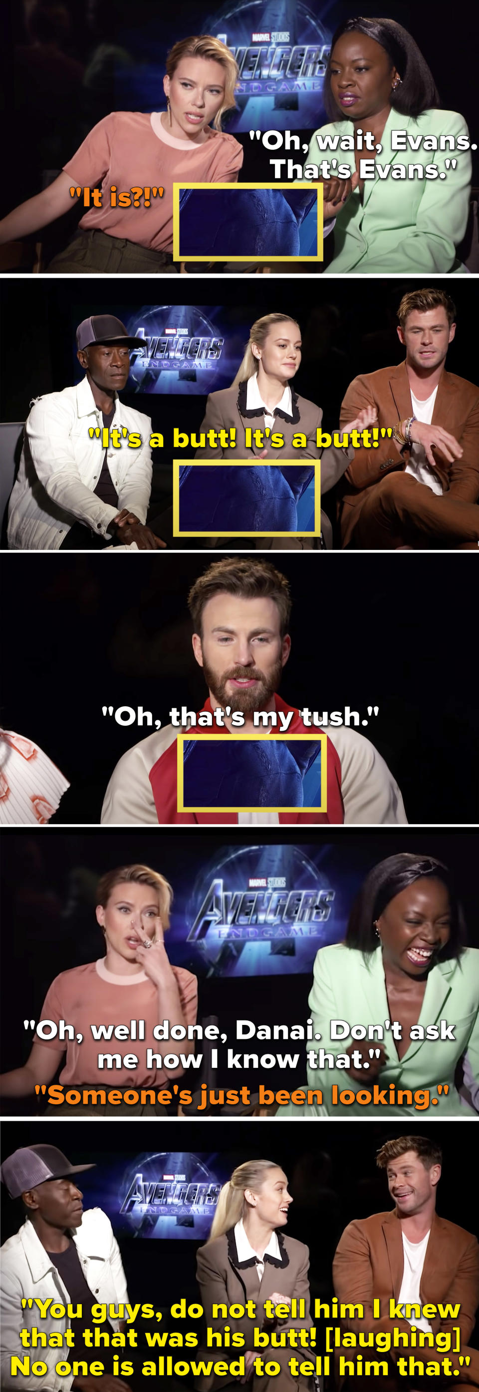 Danai Gurira and Brie Larson knowing it's Chris Evans' butt right away and laughing about it