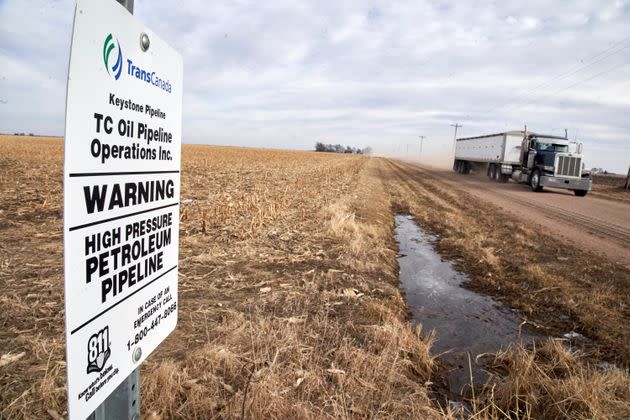 A grain truck drives past a Keystone pipeline pumping station near Milford, Nebraska, on Jan. 9, 2020.