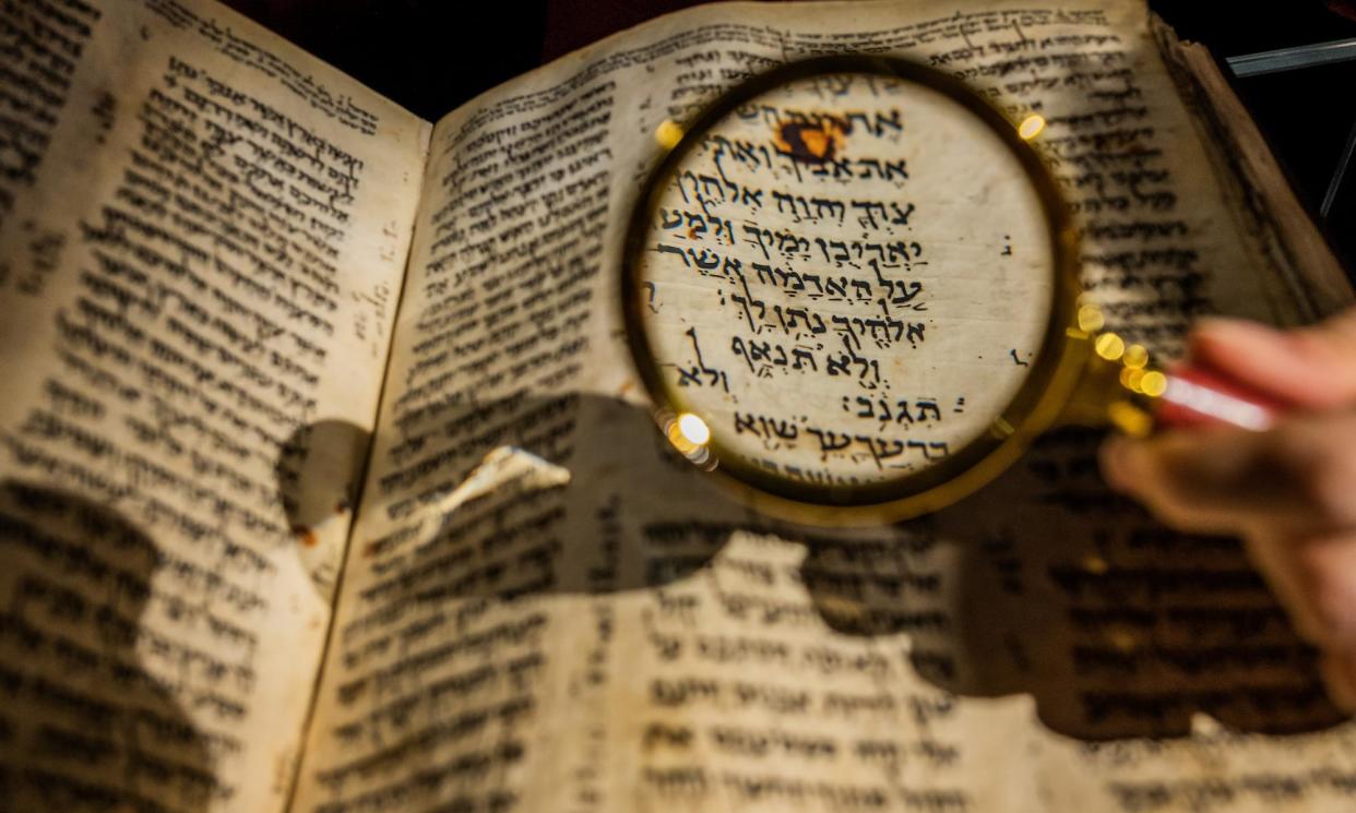 <span>‘I, Tertius, wrote this letter’ … The Codex Sassoon, the oldest, most complete, extant Hebrew Bible.</span><span>Photograph: Guy Bell/Rex/Shutterstock</span>