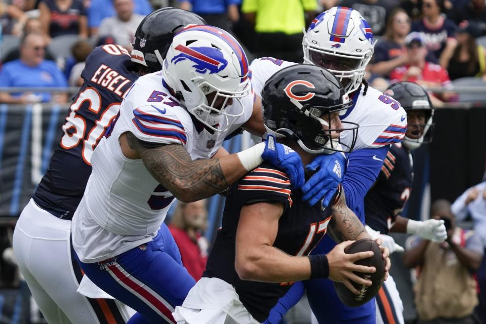 Chicago Bears quarterback Tyson Bagent is sacked by Buffalo Bills’ AJ Epenesa during the first half of an NFL preseason football game, Saturday, Aug. 26, 2023, in Chicago. (AP Photo/Nam Y. Huh) ORG XMIT: INDC128