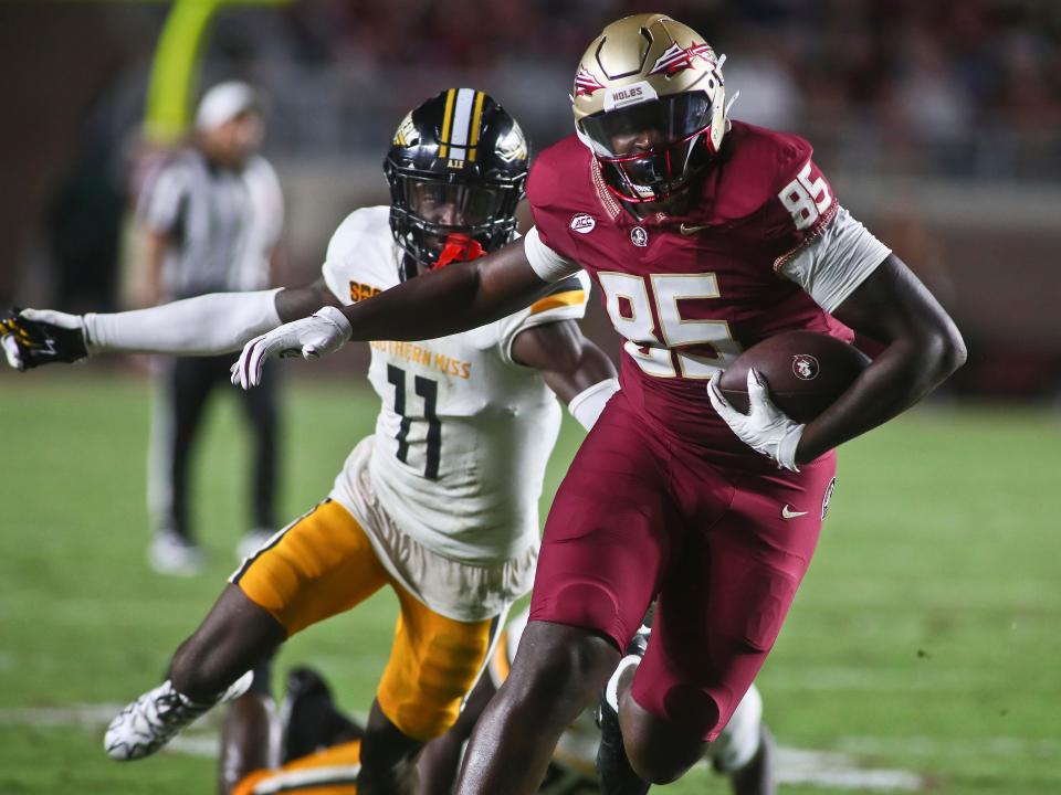Florida State tight end Markeston Douglas (85) gets past Southern Mississippi cornerback MJ Daniels (11) for a touchdown in the third quarter of an NCAA college football game on Sept. 9, 2023, in Tallahassee, Fla. FSU won 66-13.