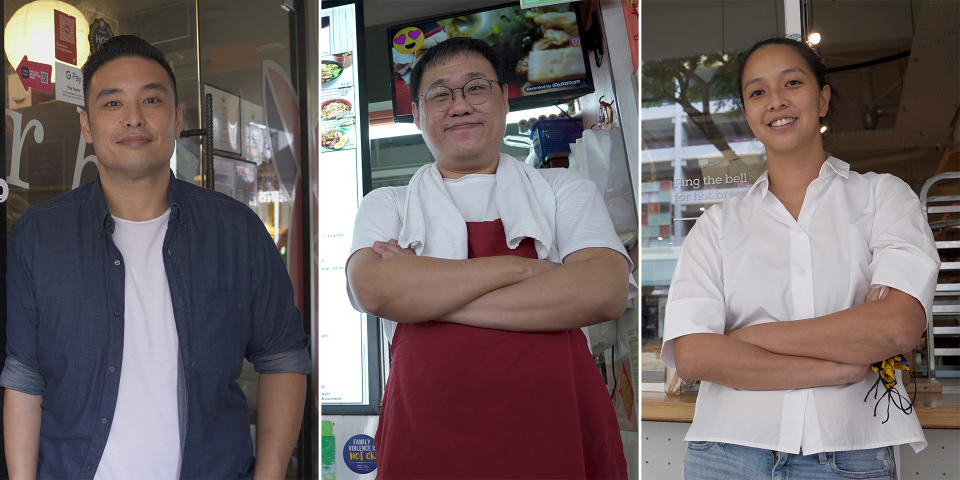 From left: Anthony Yeoh, who owns the Summer Hill bistrot; Melvin Chew, who runs Jin Ji Teochew Braised Duck & Kway Chap; and Min Siah, owner of the Starter Lab bakery. (PHOTO: Nick Tan for Yahoo News Singapore)