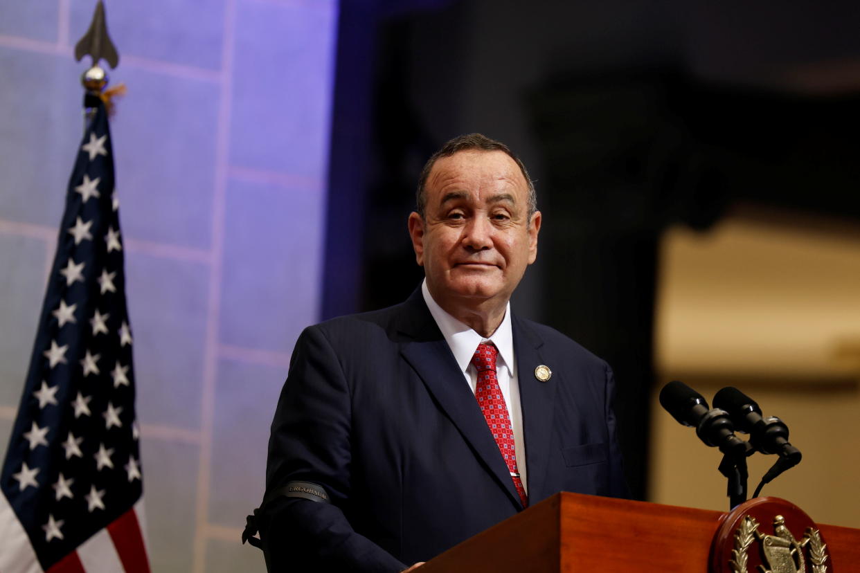 Guatemala's President Alejandro Giammattei attends a news conference with U.S. Vice President Kamala Harris (not pictured), at the Palacio Nacional de la Cultura, in Guatemala City, Guatemala on June 7, 2021. (Carlos Barria/Reuters)