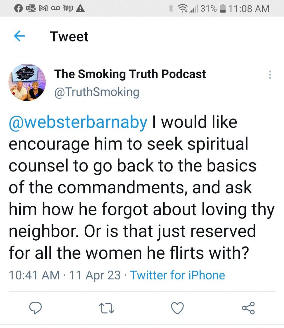 A screenshot of a Twitter post by Deltona City Commissioner Dana McCool in reaction to Webster Barnaby transgender comments.