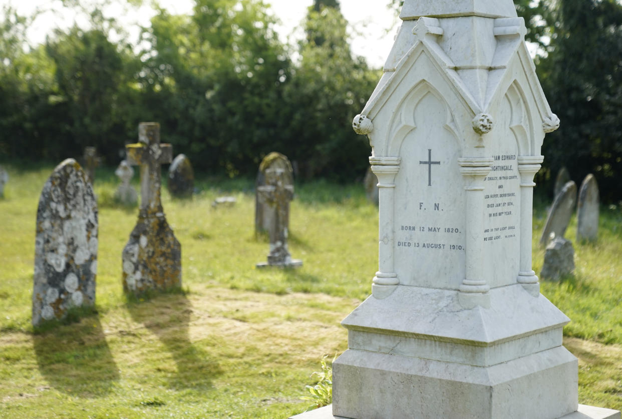 A view of the grave of Florence Nightingale in the churchyard of St. Margaret's of Antioch church in Wellow, Hampshire. On her death in 1910 at the age of 90, a funeral at Westminster Abbey was offered to the family, but was declined as her wishes were to be buried in the family plot at St Margarets Church. Picture date: Thursday May 12, 2022. (Photo by Andrew Matthews/PA Images via Getty Images)