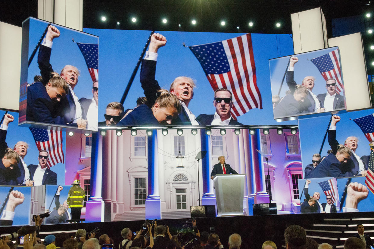 Donald Trump RNC screens Jacek Boczarski/Anadolu via Getty Images