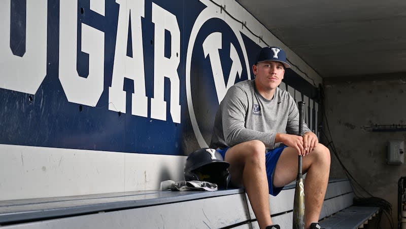 BYU baseball catcher Collin Reuter poses for photos at Larry H. Miller Field in Provo on Wednesday, April 17, 2024. Reuter had three home runs in a game against Texas this spring.