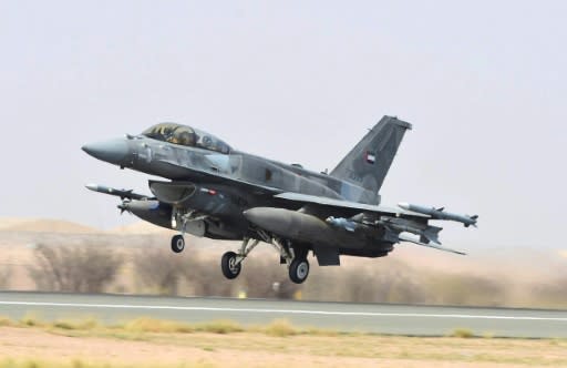 A handout file photo released on April 4, 2015 by the UAE news agency WAM shows an Emirati F-16 fighter jet taking off before raids against Huthi rebels in Yemen