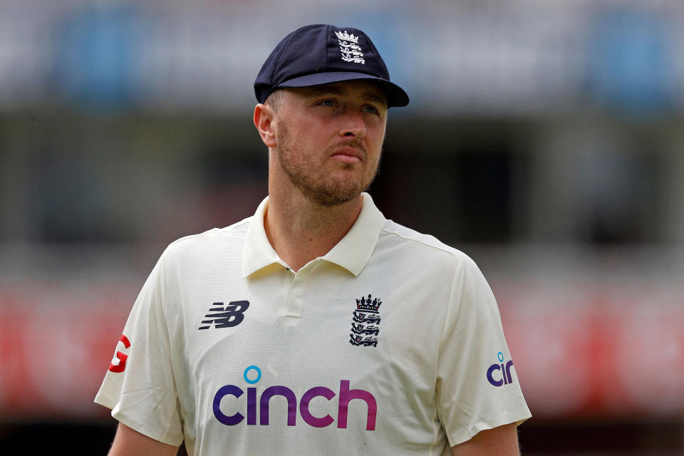 Image: England's Ollie Robinson fields on the fifth day of the first Test cricket match between England and New Zealand at Lord's Cricket Ground in London (Adreian Dennis / AFP - Getty Images)