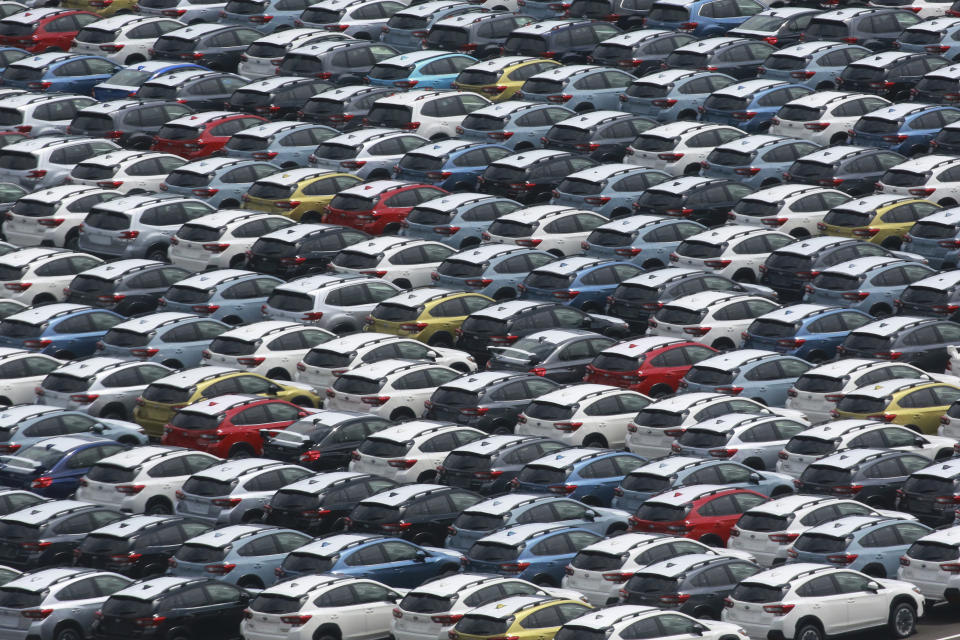 Subaru cars are parked to wait for export at Kawasaki port, near Tokyo, on Sept. 7, 2021. Japan’s exports rose 26% in August from a year earlier, preliminary data released Thursday, Sept. 16, 2021 showed, below analysts’ forecasts, as supply chain disruptions hit manufacturers. (AP Photo/Koji Sasahara)