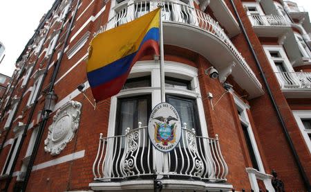 A national flag flies outside the Ecuadorian Embassy where WikiLeaks founder Julian Assange is taking refuge, in London, Britain September 16, 2016. REUTERS/Peter Nicholls