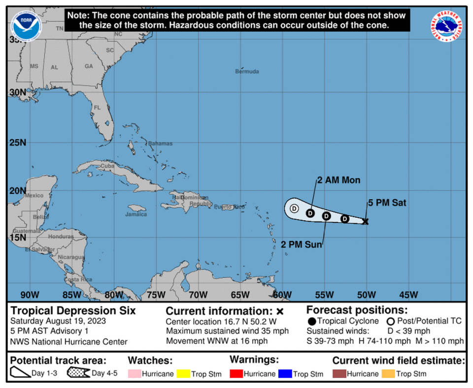 The forecast cone for the newly developed Tropical Depression 6 as of 5 p.m. Saturday, August 19.