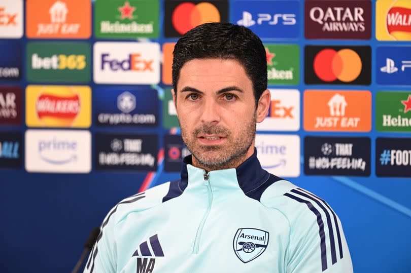 LONDON COLNEY, ENGLAND - SEPTEMBER 30: Arsenal manager Mikel Arteta during the UEFA Champions League 2024/25 League Phase MD2 training and press conference at Sobha Realty Training Centre on September 30, 2024 in London Colney, England. (Photo by Stuart MacFarlane/Arsenal FC via Getty Images)