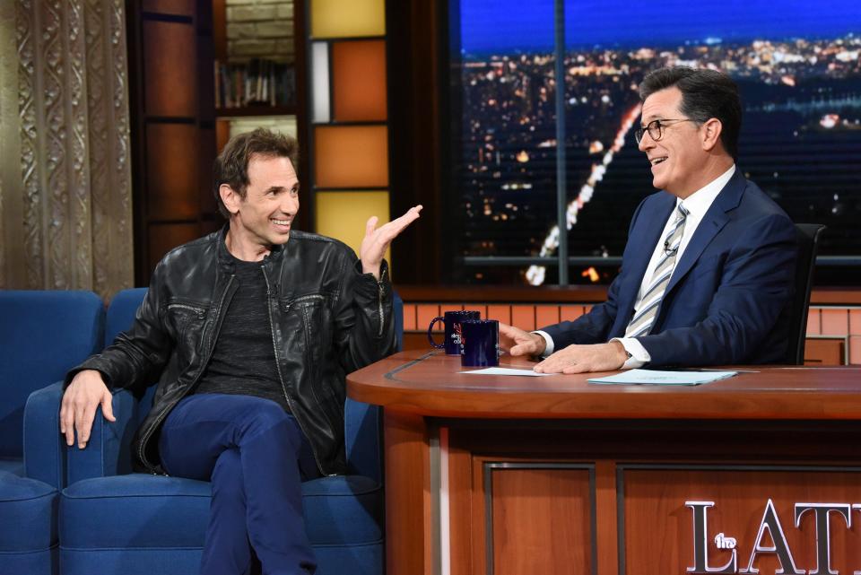 Providence native Paul Mecurio, left, chats with Stephen Colbert in a 2018 appearance on "The Late Show with Stephen Colbert." Mecurio will bring his Off Broadway hit "Permission to Speak" to Westerly's United Theatre on March 9.