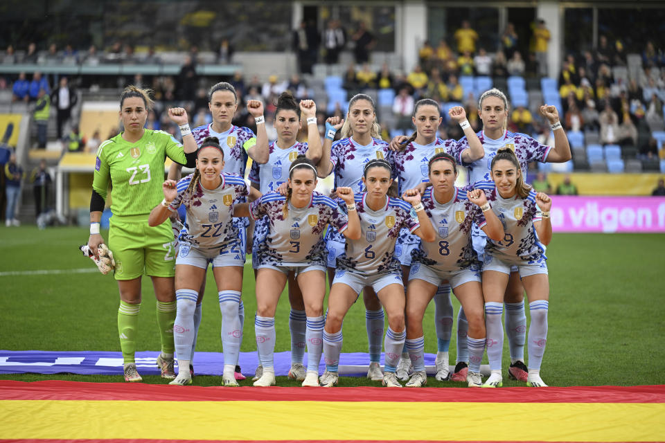 The Spanish team poses before the Women's Nations League soccer match between Sweden and Spain at Gamla Ullevi in Gothenburg, Sweden, Friday Sept. 22, 2023. (Bjorn Larsson Rosvall/TT News Agency via AP)