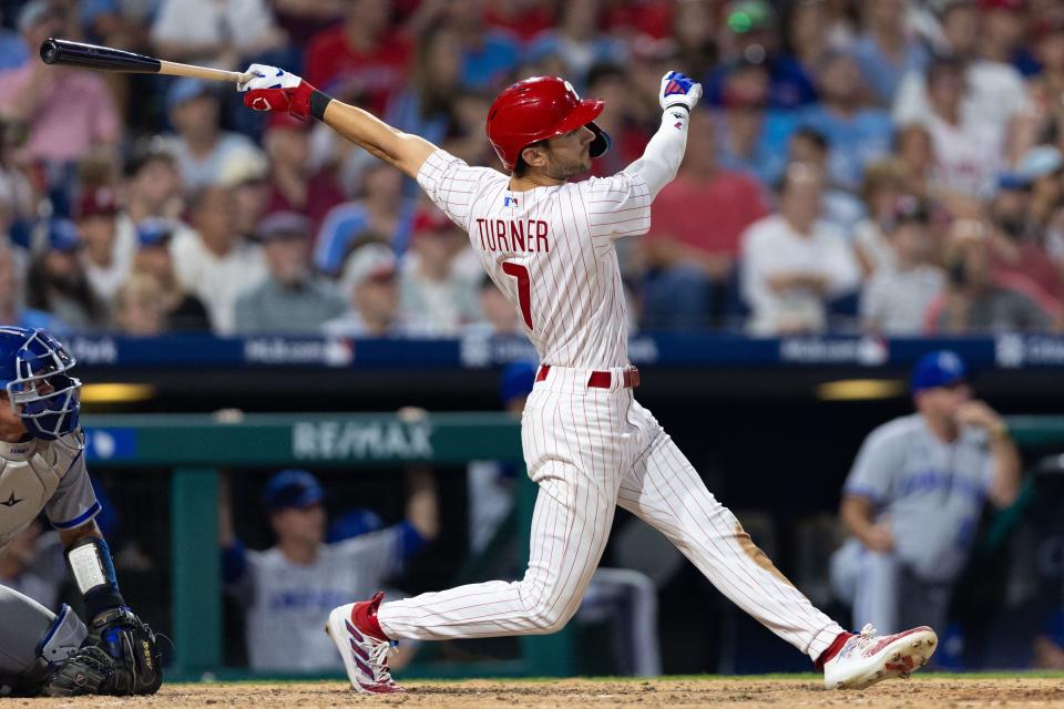 Phillies shortstop Trea Turner connects for an RBI double during the eighth inning of Friday's home game against the Royals at Citizens Bank Park.