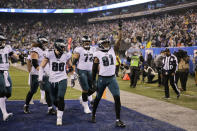 Philadelphia Eagles tight end Josh Perkins (81) celebrates scoring a touchdown in the first half of an NFL football game against the New York Giants, Sunday, Dec. 29, 2019, in East Rutherford, N.J. (AP Photo/Seth Wenig)