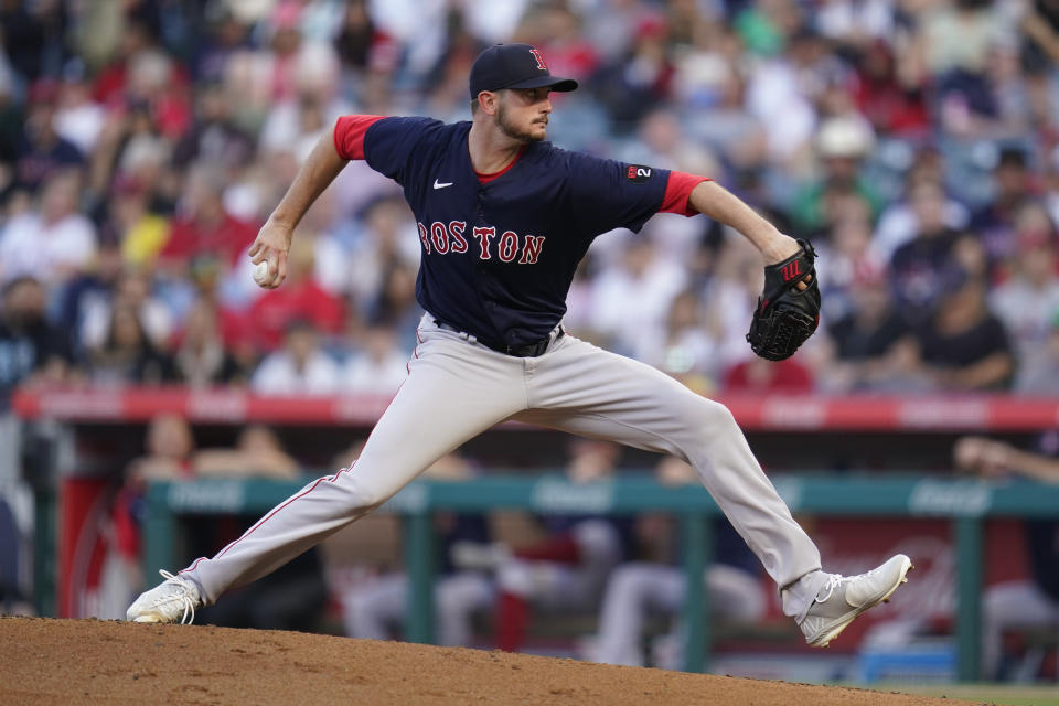 Boston Red Sox starting pitcher Garrett Whitlock (72) throws during the first inning of a baseball game against the Boston Red Sox in Anaheim, Calif., Tuesday, June 7, 2022. (AP Photo/Ashley Landis)