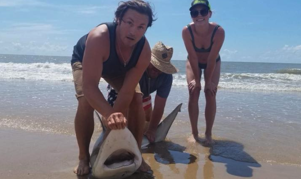 Lauren Biggers reeled in this nearly 7-foot shark after a two-hour fight. Then she released it back into the ocean. (Photo: Lauren Biggers via Facebook)