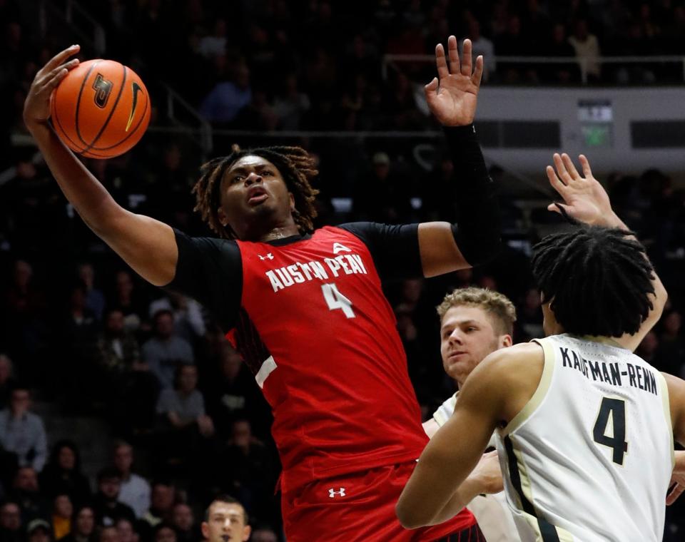 Austin Peay Governors center Elijah Hutchins-Everett (4) rebounds the ball against the Purdue Boilermakers, Friday, Nov. 11, 2022, at Mackey Arena in West Lafayette, Ind. Purdue won 63-44.