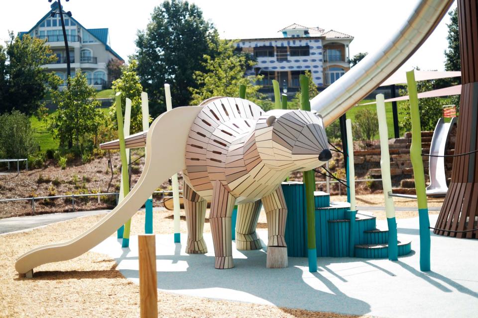 A giant otter is part of the play area at the newly renovated Tom Lee Park in Memphis, Tenn., on Aug. 21, 2023. The park has undergone a $61 million overhaul and is set for a formal Sept. 2 opening event.