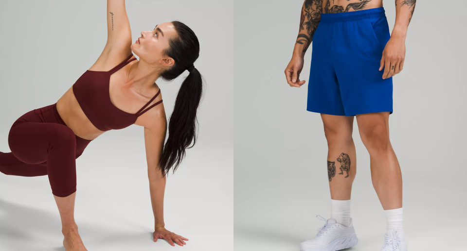 split screen of woman doing yoga in lululemon sports bra and leggings and tattooed man wearing blue shorts