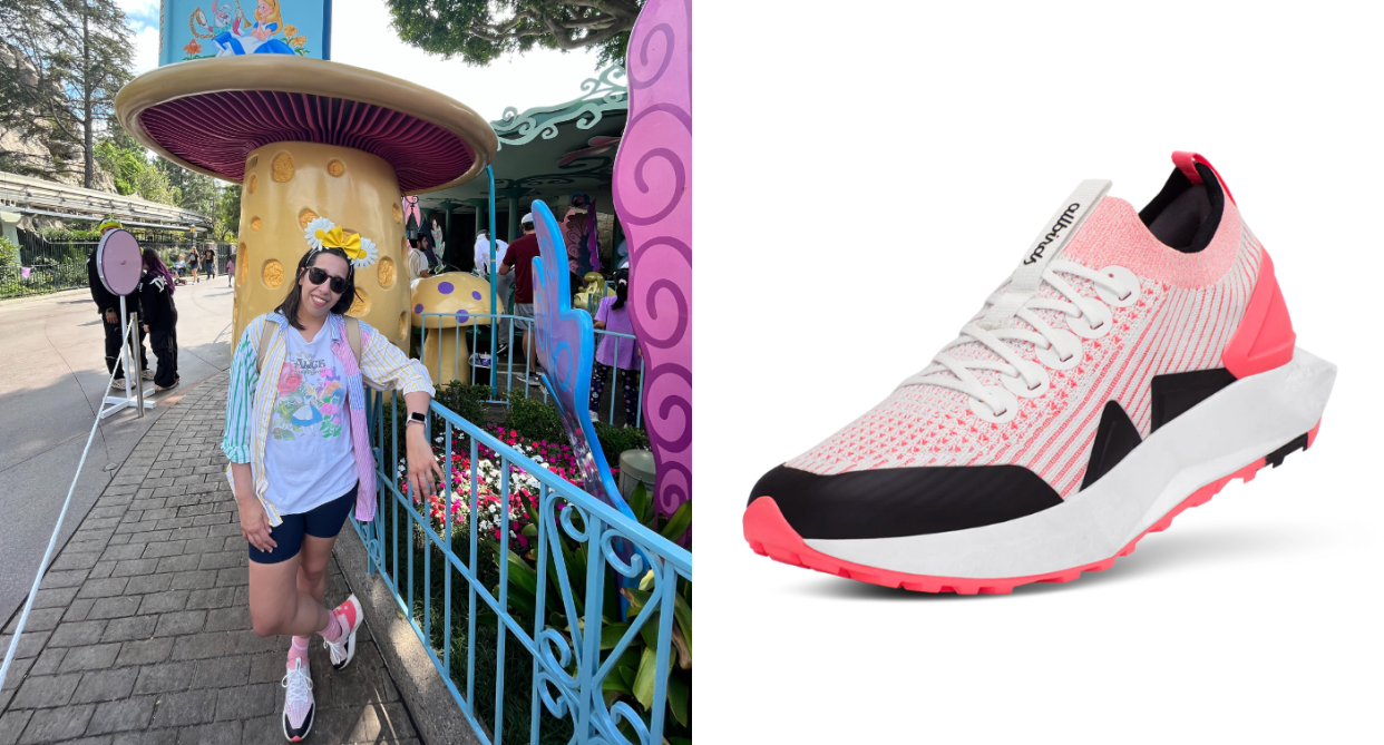 The Allbirds Women's Tree Flyer 2 on white background. Writer Kate Mendonca wears Allbirds sneakers while standing in line at Disneyland