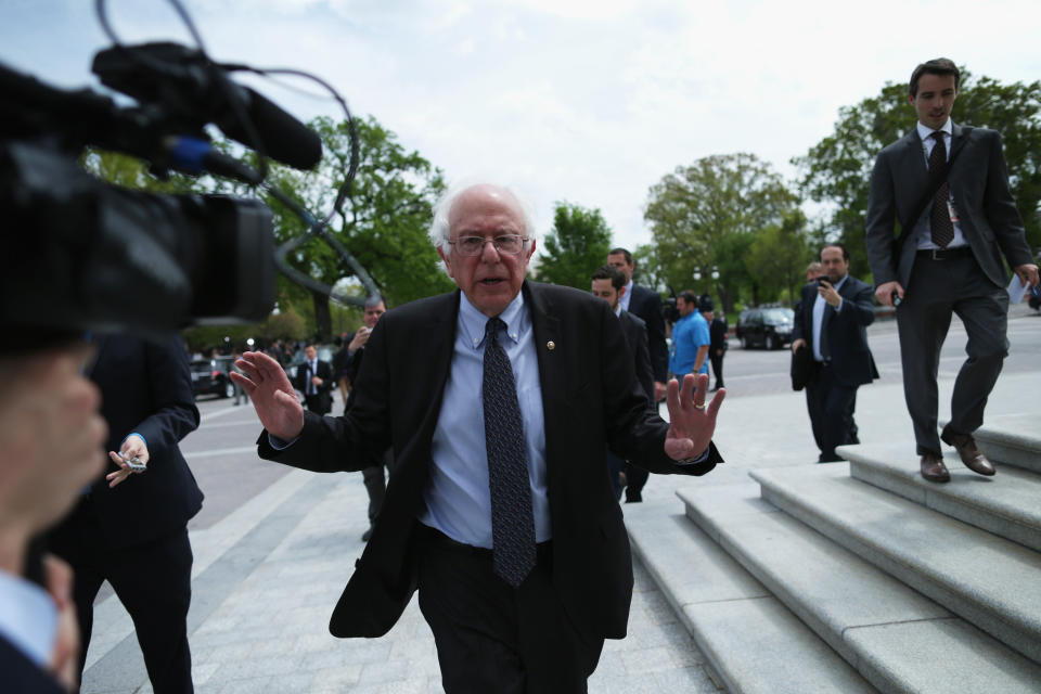 U.S. Sen. Bernard Sanders (I-Vt.) leaves after a news conference to speak on his agenda for America on Capitol Hill on April 30, 2015, after announcing he would run for U.S. president.