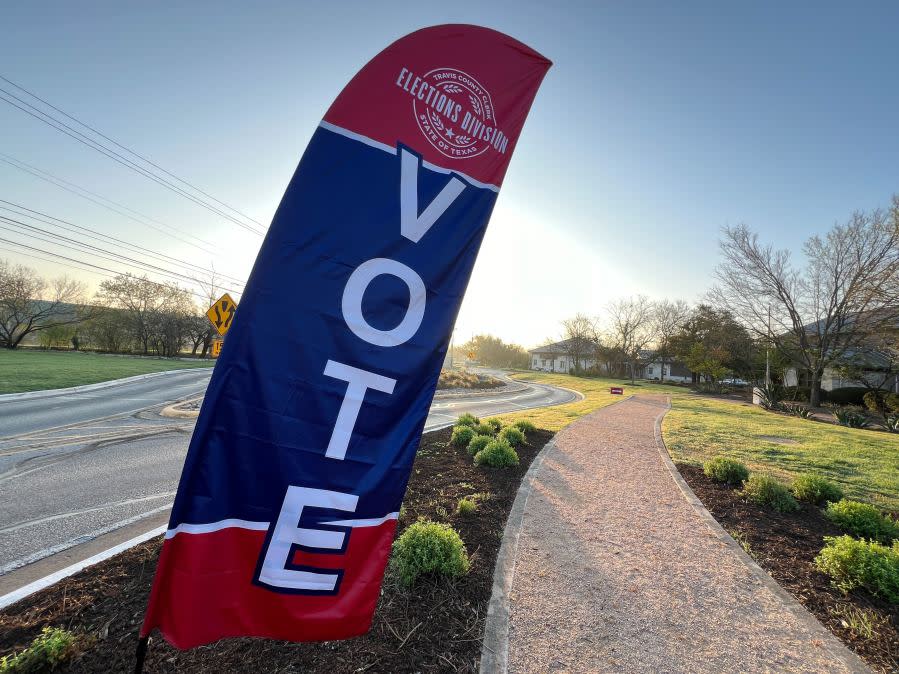 Vote sign outside Sunset Valley City Hall (KXAN photo/Todd Bailey)