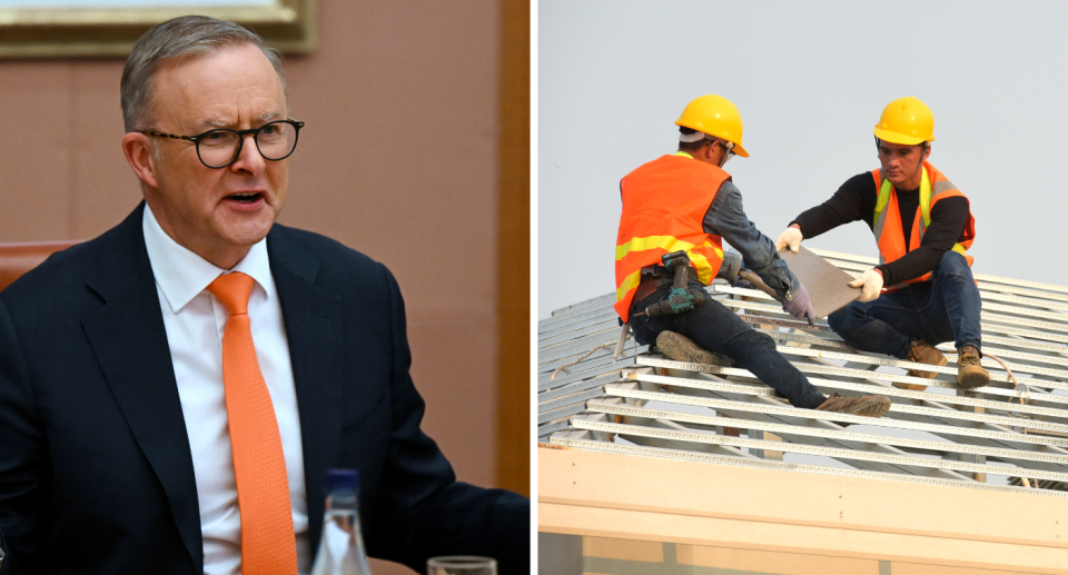 Composite image of Australian Prime Minister Anthony Albanese and tilers on the roof of a house