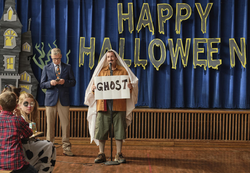 This image released by Netflix shows Adam Sandler in a scene from "Hubie Halloween." (Scott Yamano/Netflix via AP)