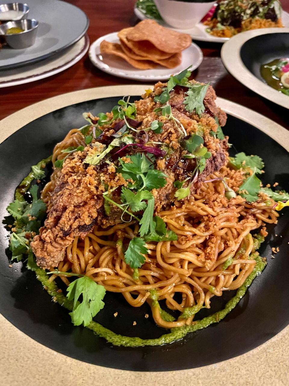 Garlic noodles with fried catfish from Two Hommés in Inglewood.