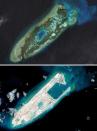 Satellite images show Fiery Cross Reef in the Spratly Islands in 2006 (top) and after a Chinese land reclaimation project to build a runway and harbour on the islet in 2015