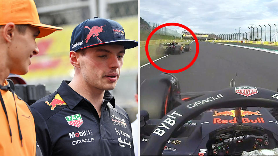 A split pictures shows Max Verstappen and Lando Norris on the left, and the close shave between the pair in qualifying on the right.