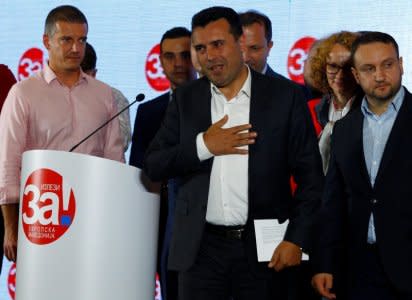 FILE PHOTO: Macedonia's PM Zoran Zaev gives a speach during a referendum night on changing Macedonia's name that would open the way for it to join NATO and the European Union in Skopje, Macedonia September 30, 2018. REUTERS/Ognen Teofilovski