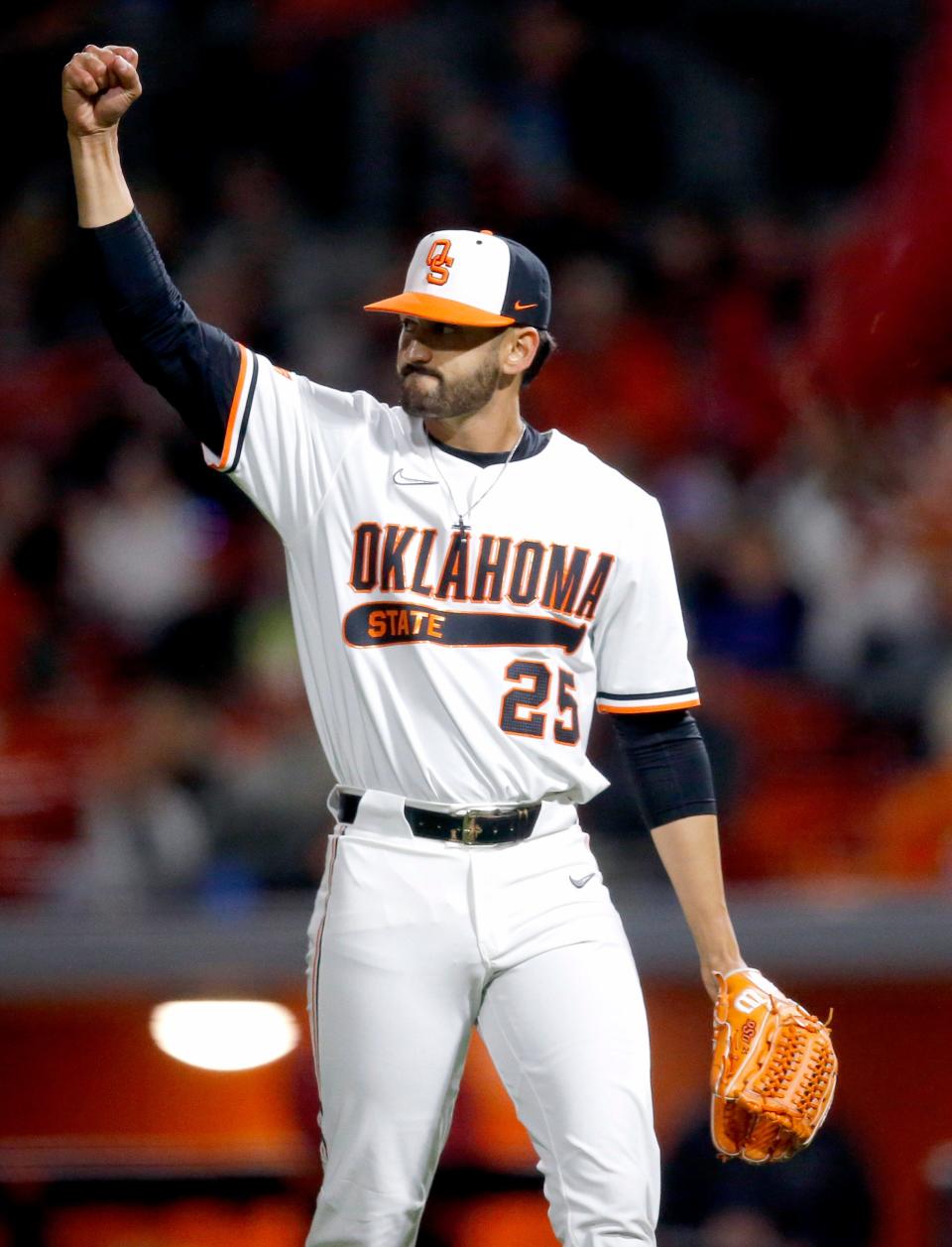 Oklahoma State's Roman Phansalkar (25) reacts during the college baseball game between the Oklahoma State Cowboys and the Oklahoma Sooners at O'Brate Stadium at Stillwater, Okla., Friday, April, 8, 2022.  